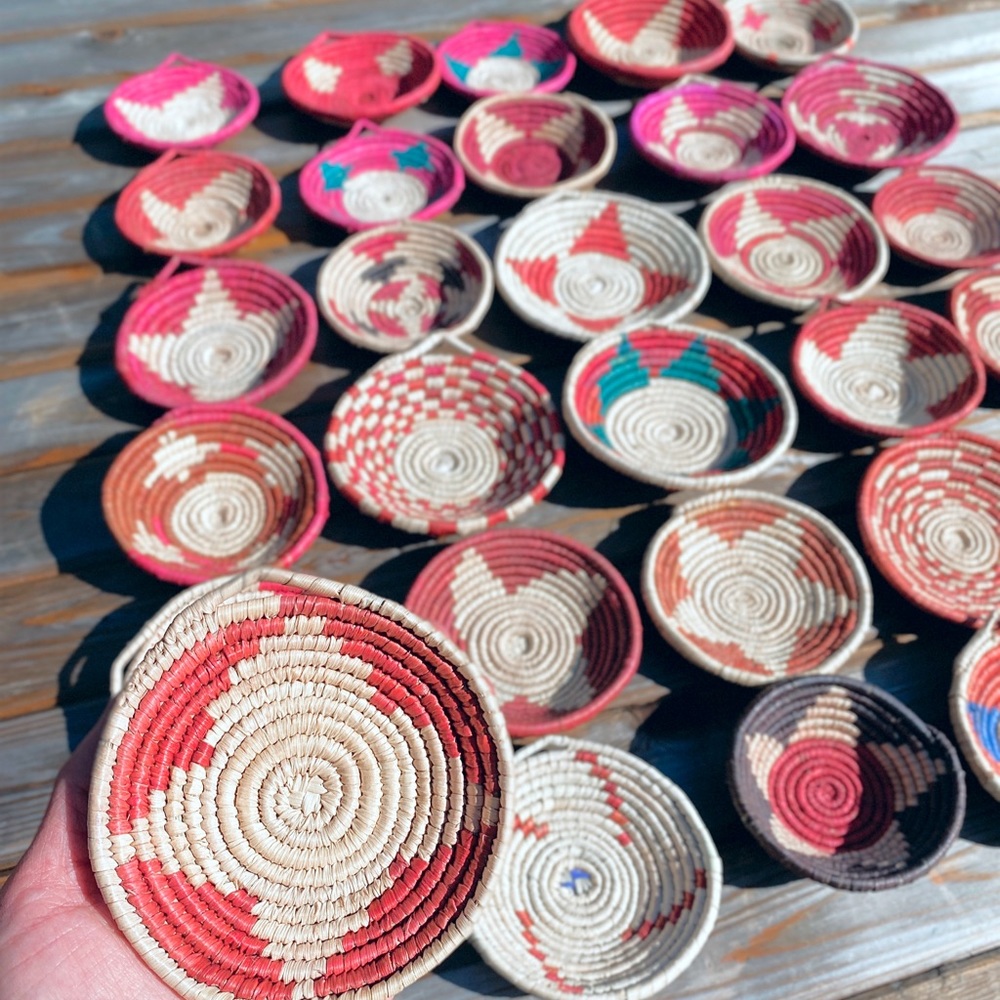 Small woven boho basket for basket wall pink rust